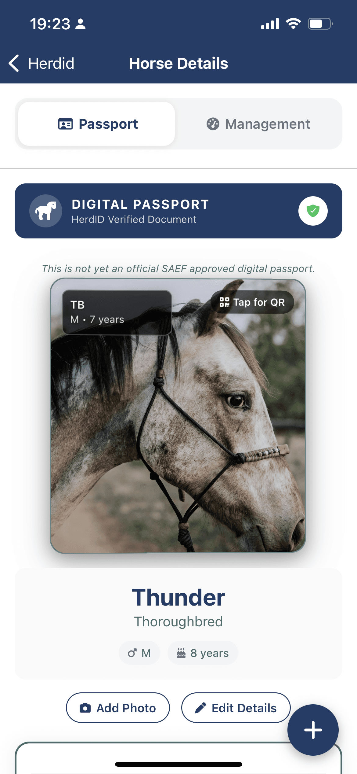Digital Horse Passport screen