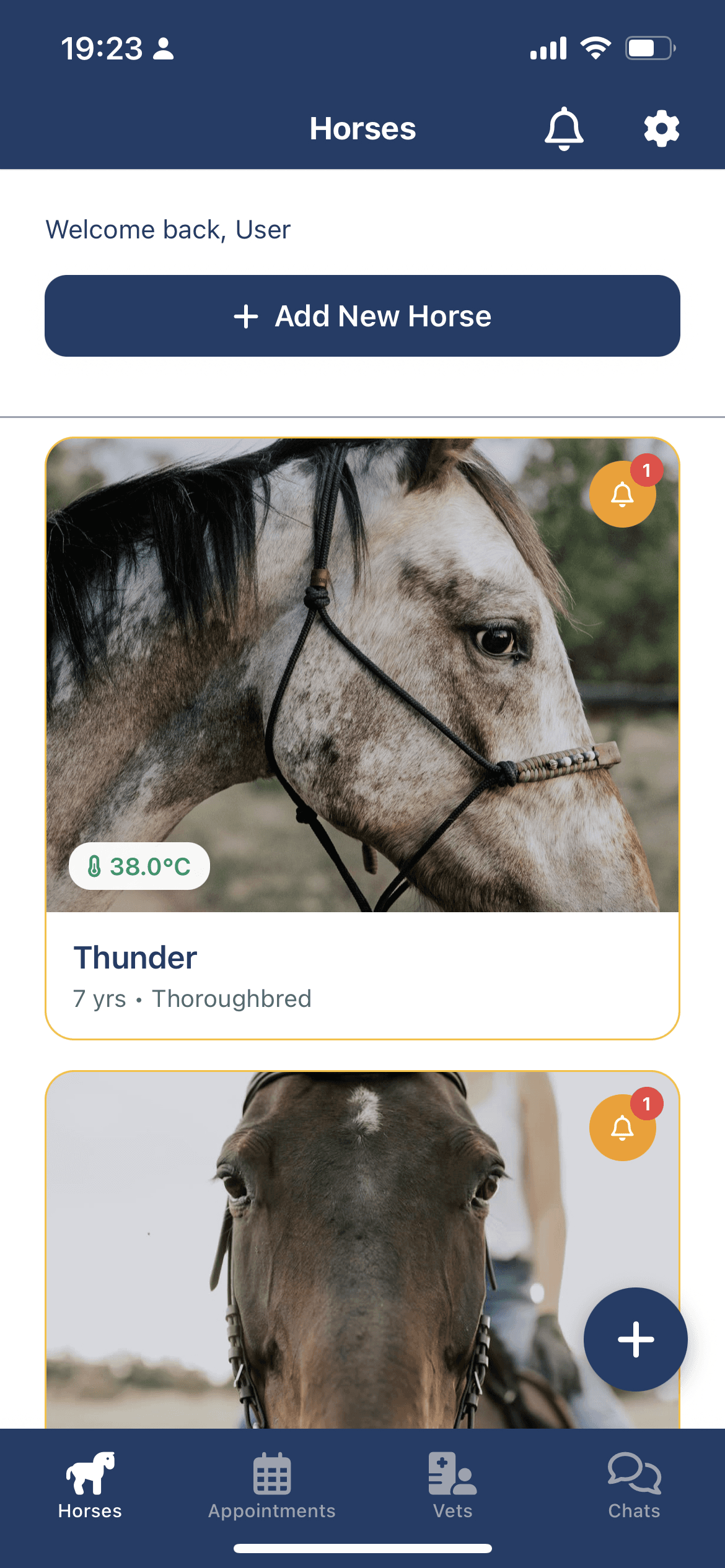 HerdID horses tab showing horse profiles and records